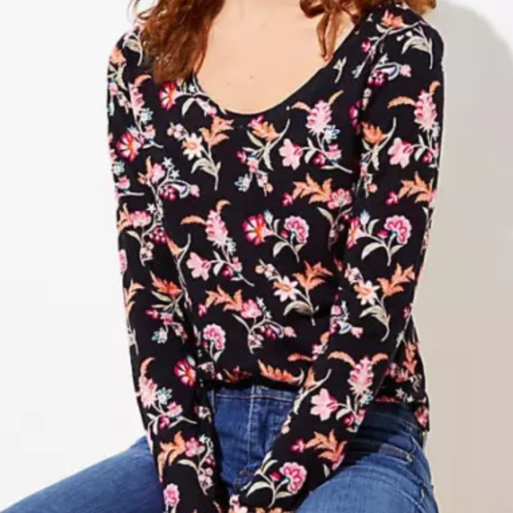 NEW Loft Laurel Vintage Soft Layering Long Sleeve Tee Floral Pink Black Small